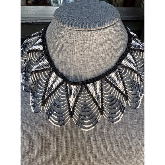 Beaded Black & White Art Deco-Style Statement Necklace - Picture 1 of 7